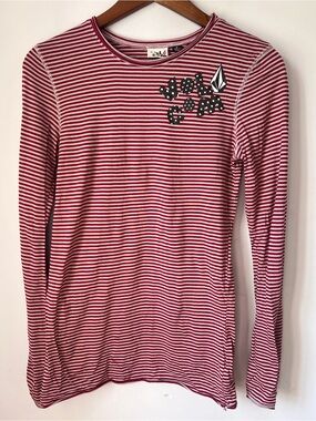 Volcom Red & White Striped Long Sleeve Crew Tee